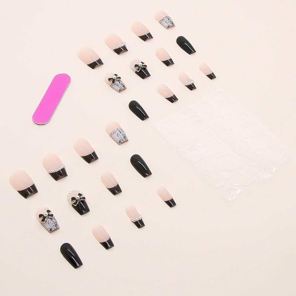 Autocolante purtabile de înaltă calitate pentru manichiura french de toamnă: Tips de unghii negru perlat cu fundă
