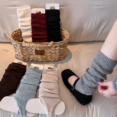 Solid Color Leg Warmers Thickened Knitted Bow Middle Tube Socks Harajuku Boot Covers Autumn and Winter