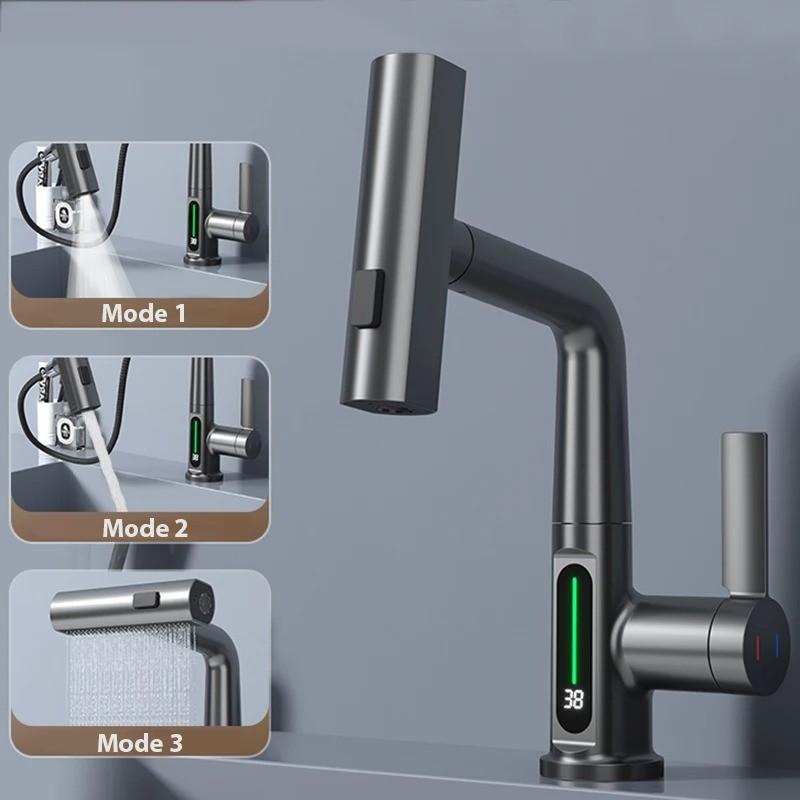 Waterfall Temperature Digital Display Basin Faucet Lift Up Down Stream Sprayer Bathroom Hot Cold Water Sink Mixer
