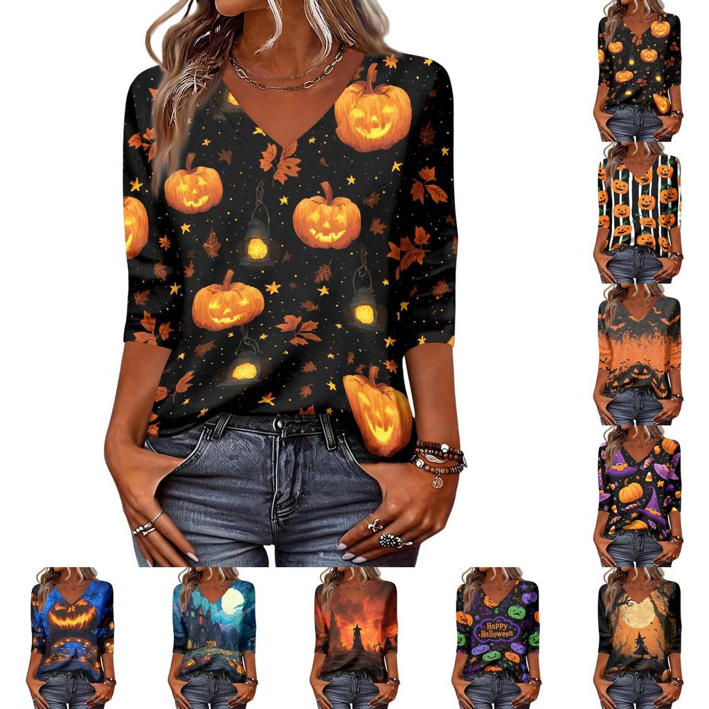 Women's Three-Quarter Sleeve V-Neck Top with Halloween Print for Casual