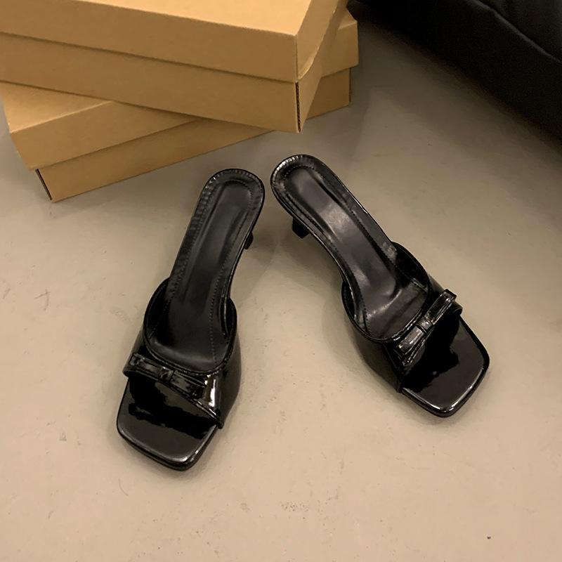 

French high-heeled slippers 2025 new women s summer outer wear square heel one-word drag bow sandals versatile temperament 42 чёрный