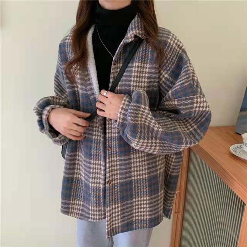 Coat Shirt for Women Thickened Casual Oversize Double Layer Plaid Loose Warm Jacket
