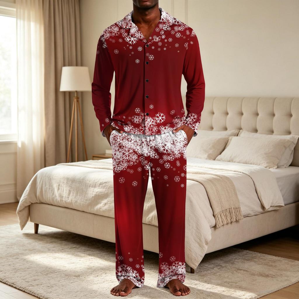 Men's Christmas Pajama Set with Button Down Shirt and Straight Leg Pants, Casual Print Sleepwear Two Piece Outfit, Festive Holiday Loungewear