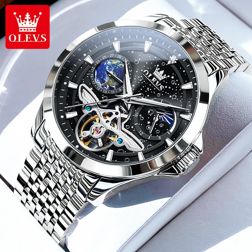 OLEVS 6705 Mens Mechanical Watch Luxury Original Flywheel Automatic Watch Waterproof Moon Phase Luminous Sports Watches