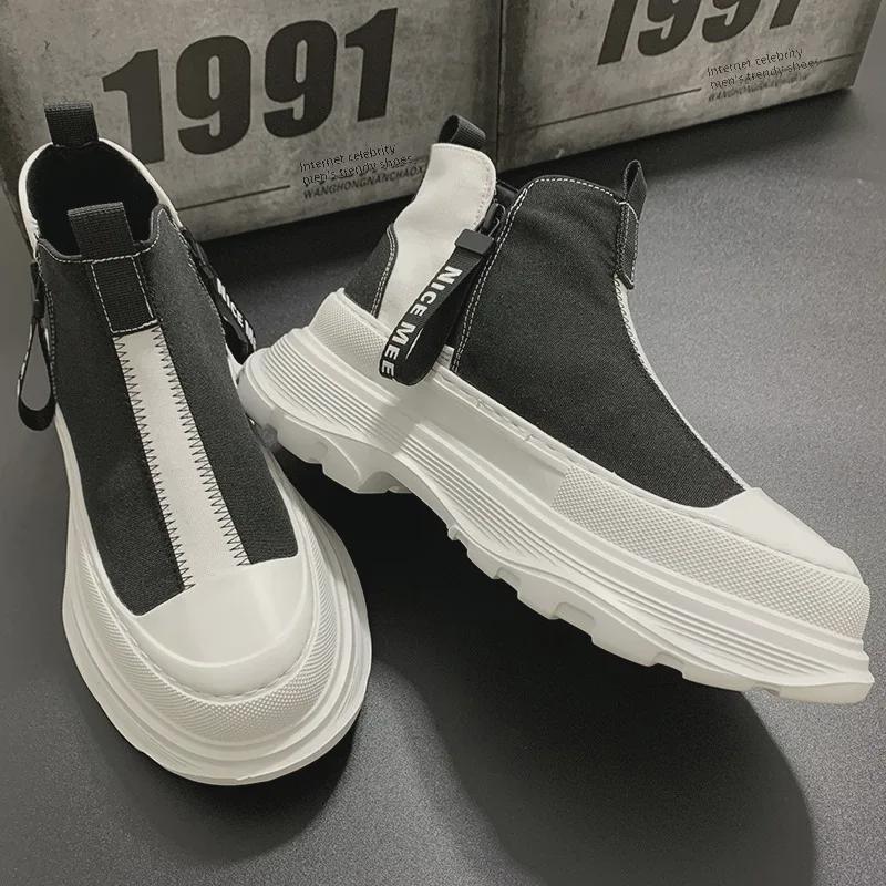 Vyriški vasariniai kvėpuojantys aukštakulniai korėjietiško stiliaus madingi kasdieniai užtrauktuku drobės platforminiai batai