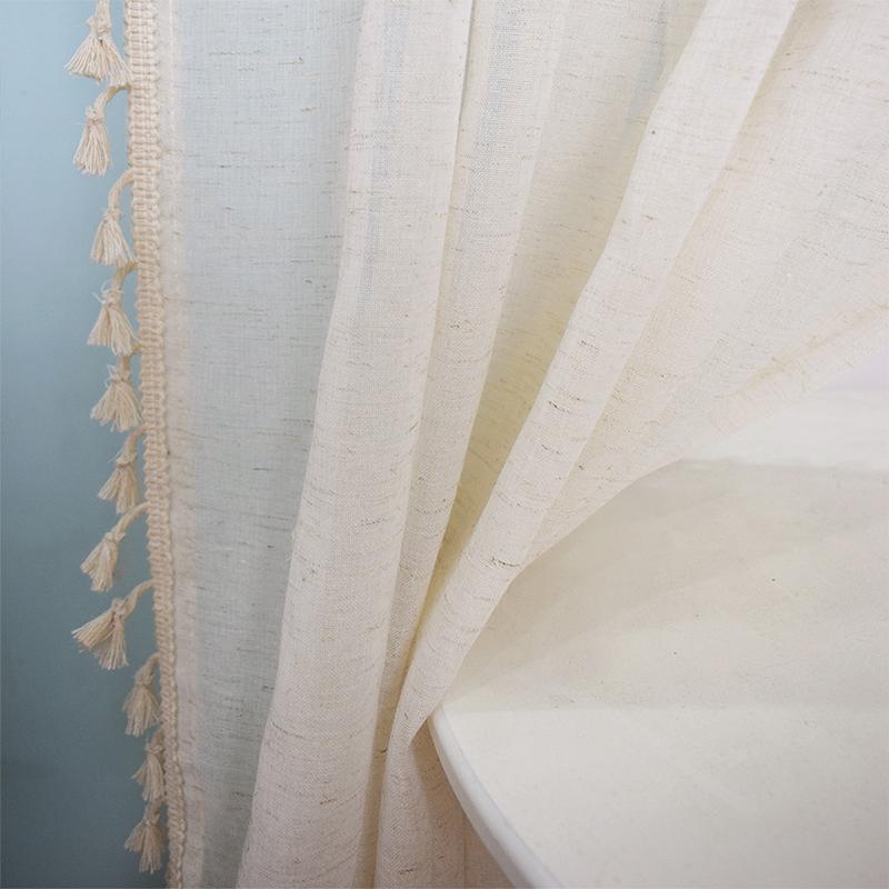 Tassel Sheer Curtains Living Room Vintage Cream Voile Net Slot Top Window Drapes