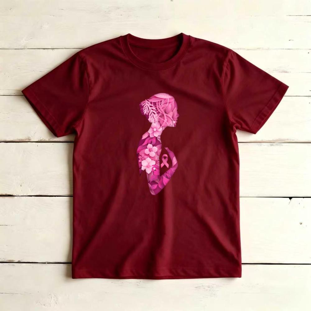 vFloral Silhouette Blackunisex Pink Ribbon Graphicunisex Summer Cotton T Shirt Inspirational Breast Cancer Short Sleeve Garment