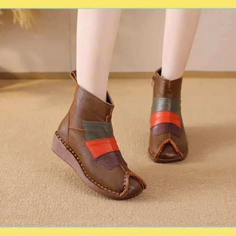 Johnature Ethnic Style Mixed Colors Genuine Leather Wedges Short Boots Warm Comfortable Women's Cotton Shoes
