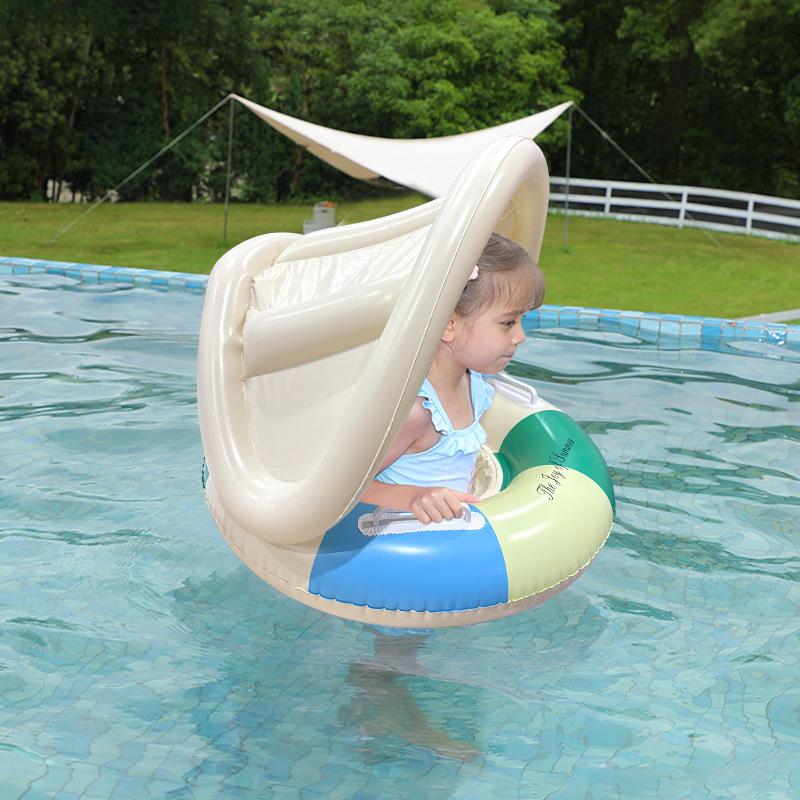 Summer Pool Water Environmentally Friendly Thickened 3-6 Years Old Awning Striped Seat with Handle Inflatable Children's Swimming Ring