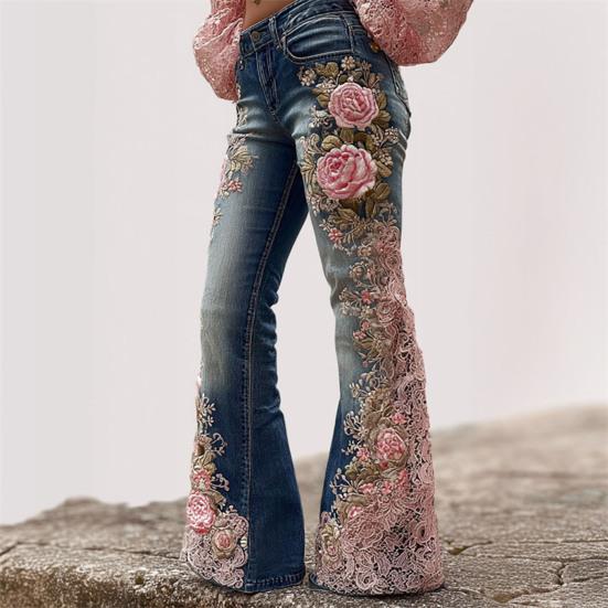 Bell Bottom Jeans for Women 3D Digital Floral Print Stretch Flared Jeans Mid Rise Retro Denim Pants with Pockets