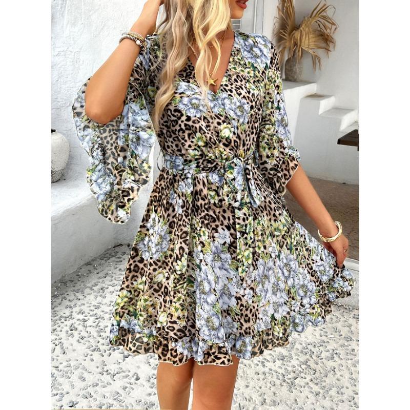 Women's Summer Vacation Casual Printed Lace-up Chiffon Dress