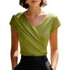 Women's V Neck Short Sleeve Blouse Pleated Detail Solid White Top