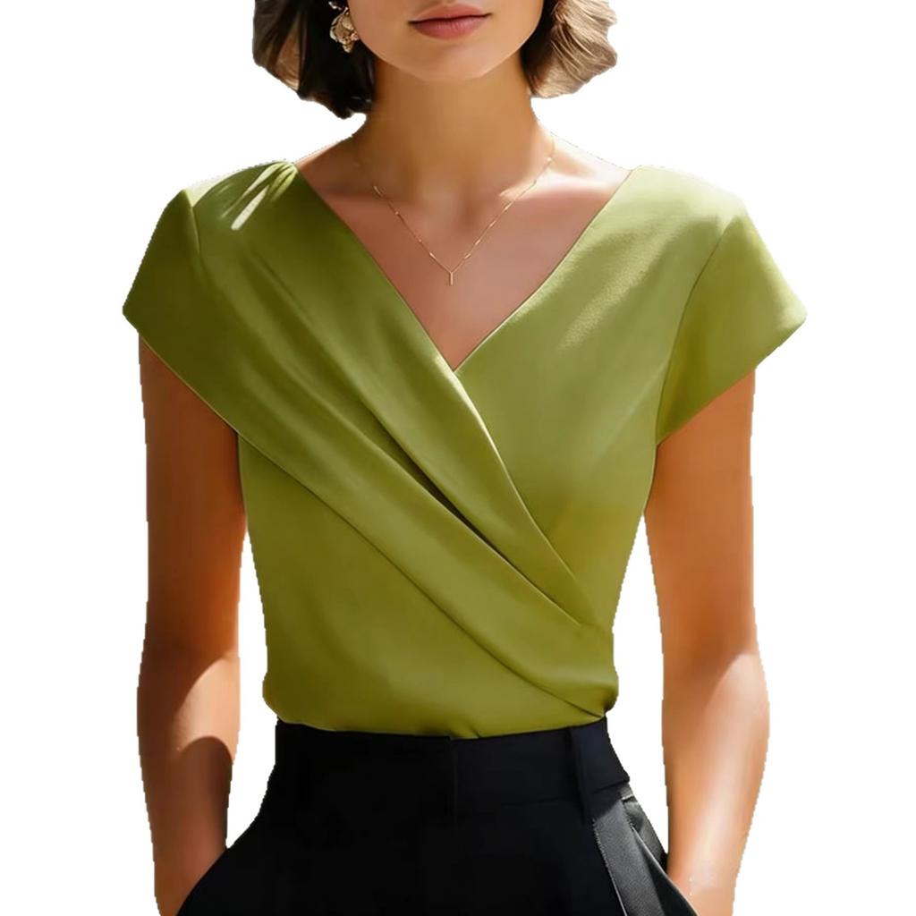 Women's V Neck Short Sleeve Blouse Pleated Detail Solid White Top