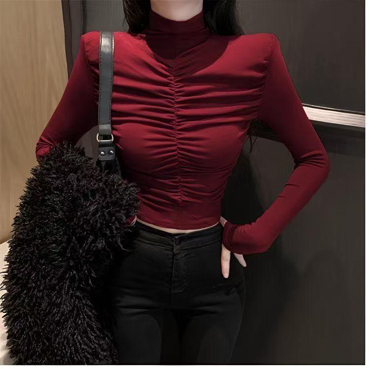 Trendy European & American Women's Sexy Wrinkled High Neck Slimming Long Sleeve Crop Top for 2026