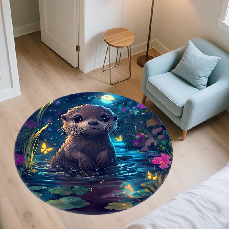 Night Animals  Round Area Rug,Carpet Rug for Living Room Bedroom Sofa Playroom Decor,Non-slip Floor Mat