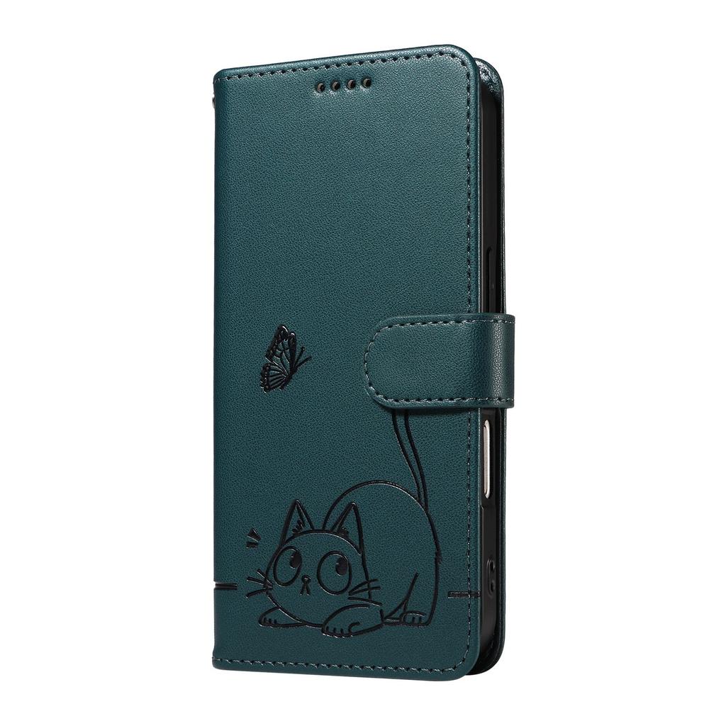 Leather Wallet Flip Case For OPPO A57S A77 A15 A15S A16 A16S A54S A17 A96 4G 5G Cat and Butterfly Embossed,Wrist Strap