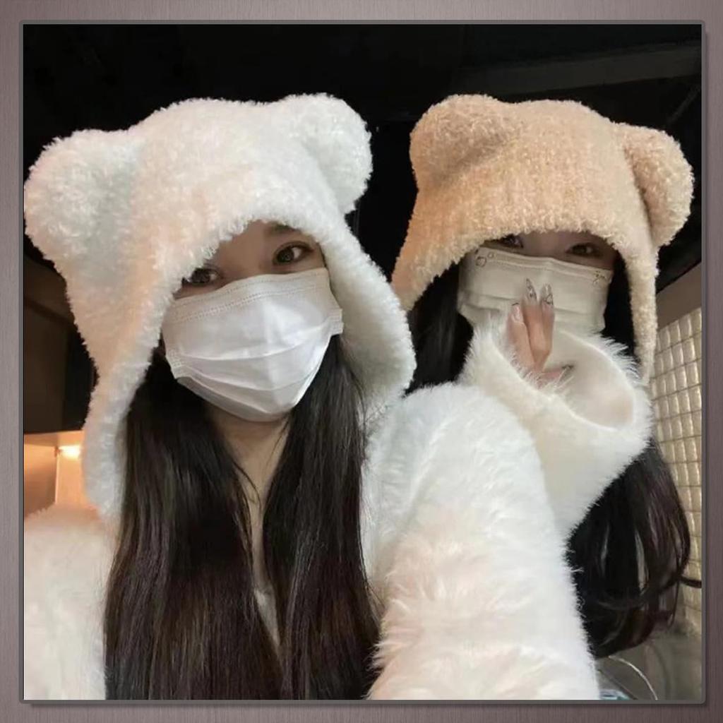 Knitted Hat with Bear Animal CP971 [One Limitation] Ears, Casual, Costume, Print, Fluffy, Fashionable, Women's (Black)