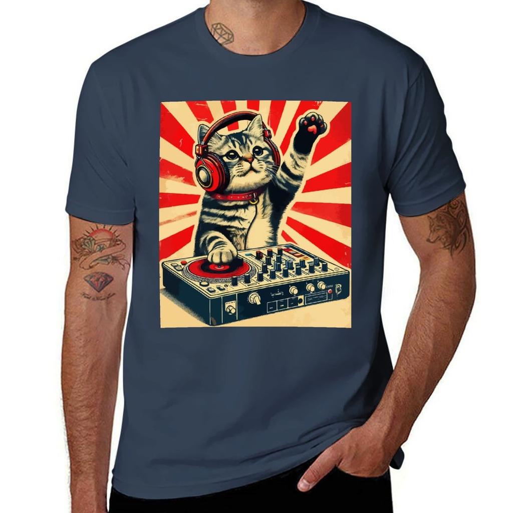Funny Deejay House Cat Retro Vintage TShirt Summer Casual Loose TShirt