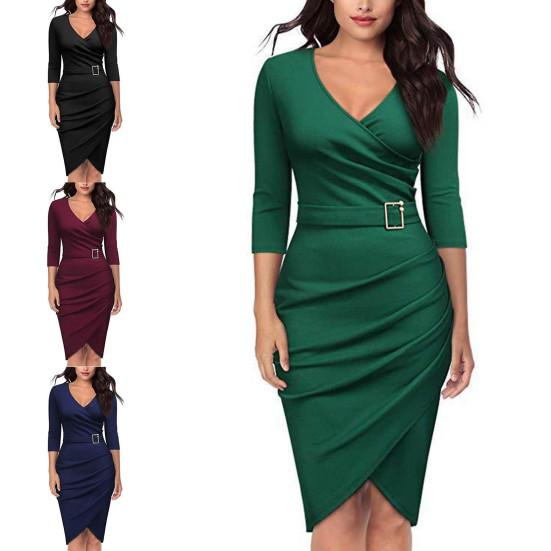 Lady Dress Solid Color V Neck Slim Casual Sheath Dress for Daily
