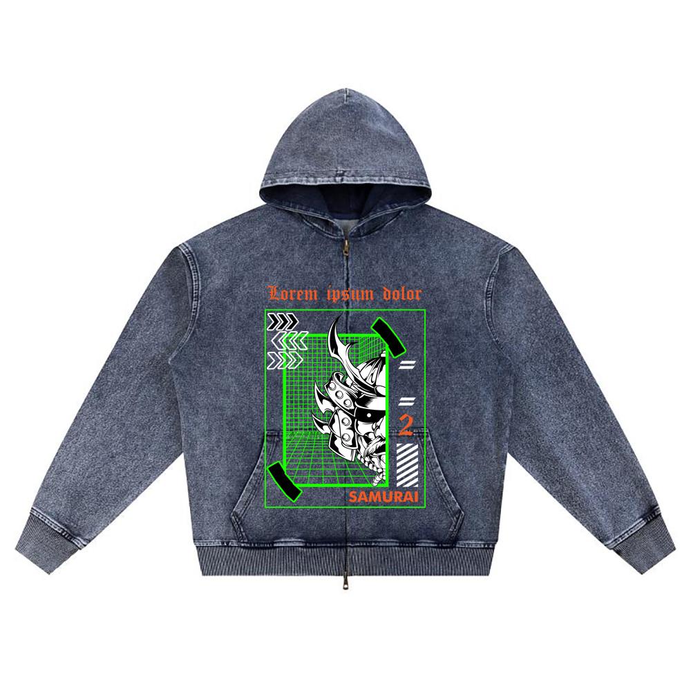 

Худи на молнии из вязаного денима с принтом самурая Brother XL темно-синий
