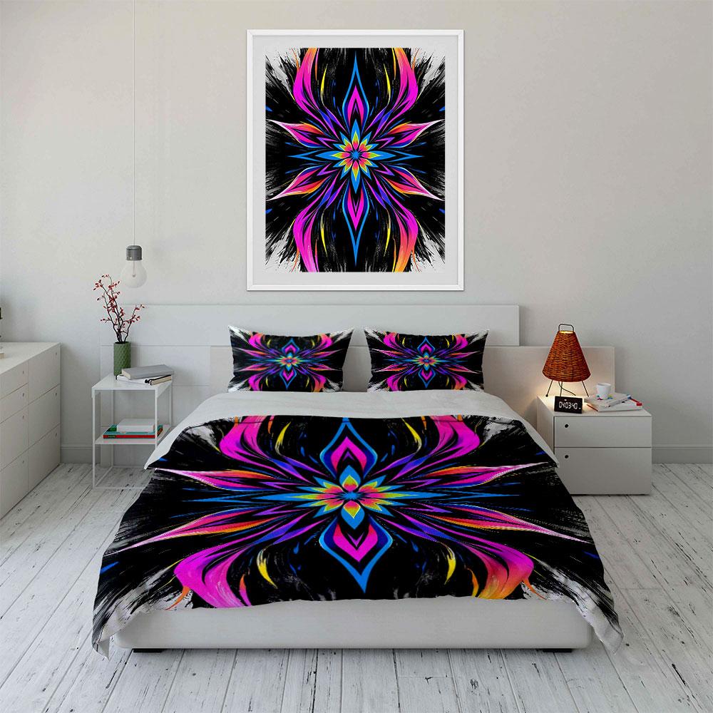 Vibrant neon floral mandala. Bedding sets Duvet cover sets Duvet covers Pillowcases(1* Duvet Cover 2* Pillowcases without duvet insert)
