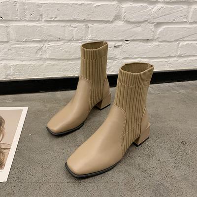 Martin Boots Autumn and Winter New Style European and American Fashion Square Toe Thick Heel Short Boots Women's Slim Sock Boots Elastic Single Boots