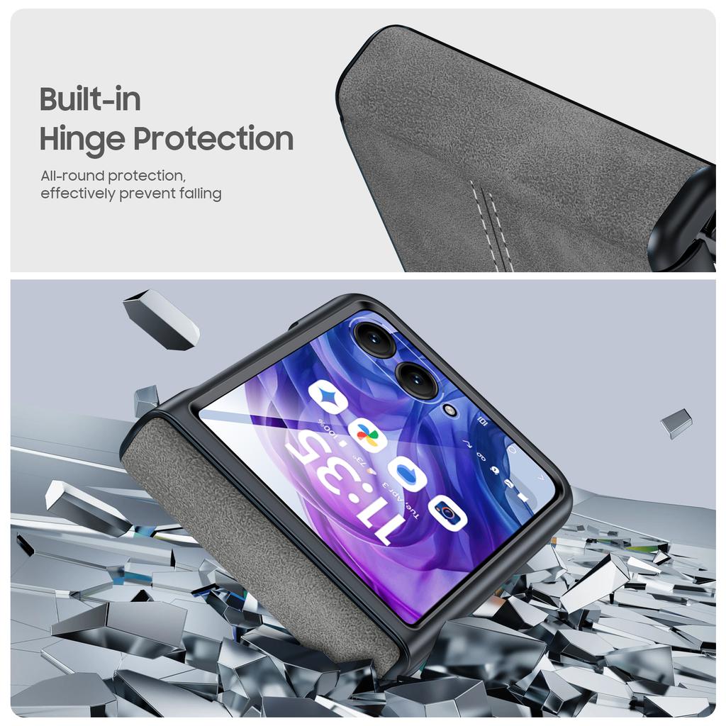 For Motorola Razr Ultra 2024 Case/Razr 50 Ultra Case,Built-in Screen Protector & Hinge Protection & Ultra Thin PU Leather Matte PC Phone Case-Grey