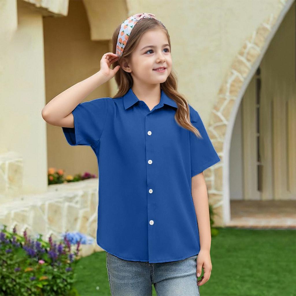 Summer Girls' Short Sleeve Blouse School Uniform Button-Up Shirt Kids Summer School Uniform Button Down Shirt