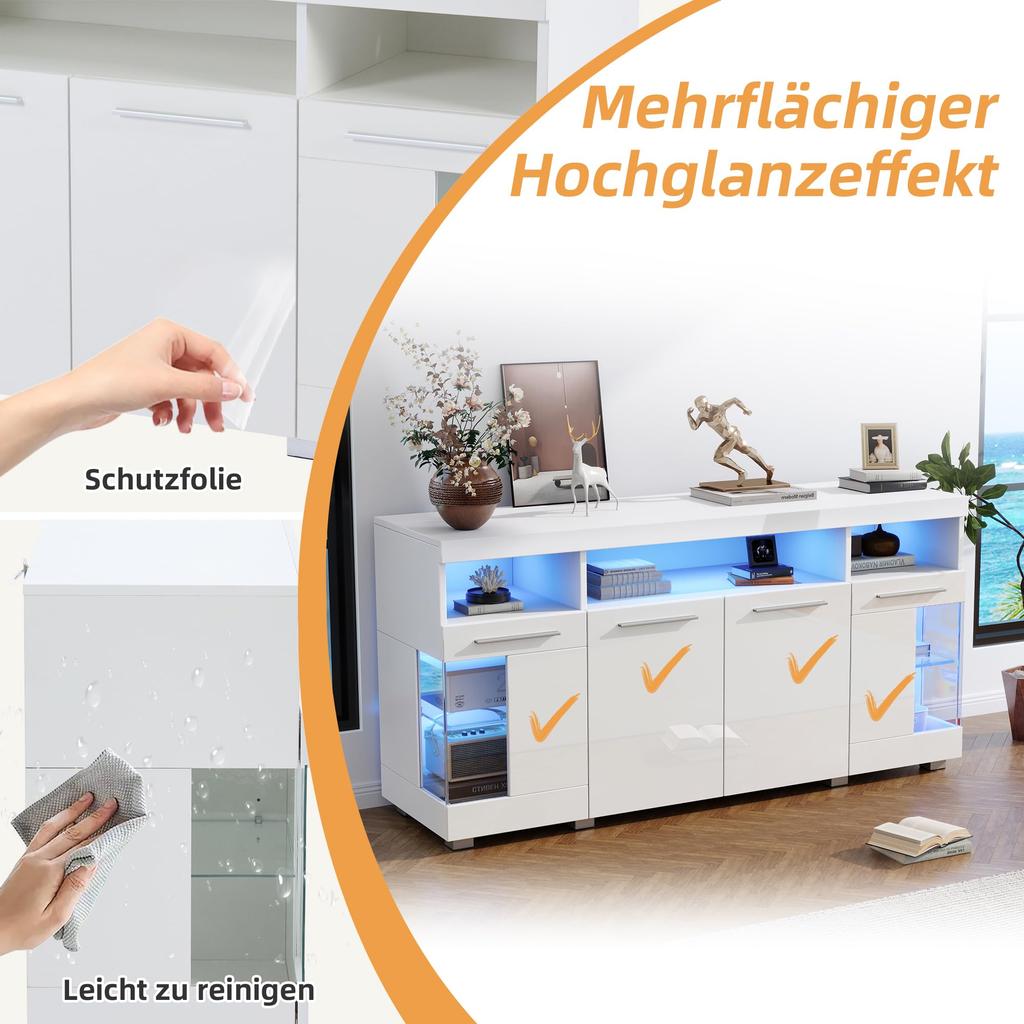Sideboard Hochglanz Kommode Anrichte Schrank 4 Türen & Offene Staufächer, Mehrzweckschrank Glastüren, Wohnzimmer, Esszimmer, Flur, Weiß