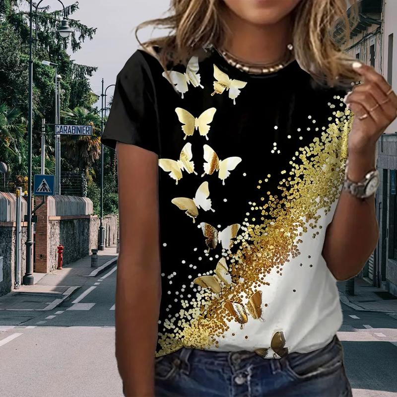 Fashion Women Golden Butterfly Print T Shirt Funny Casual O-neck Short Sleeves T-shirt Summer Female Tee Shirt