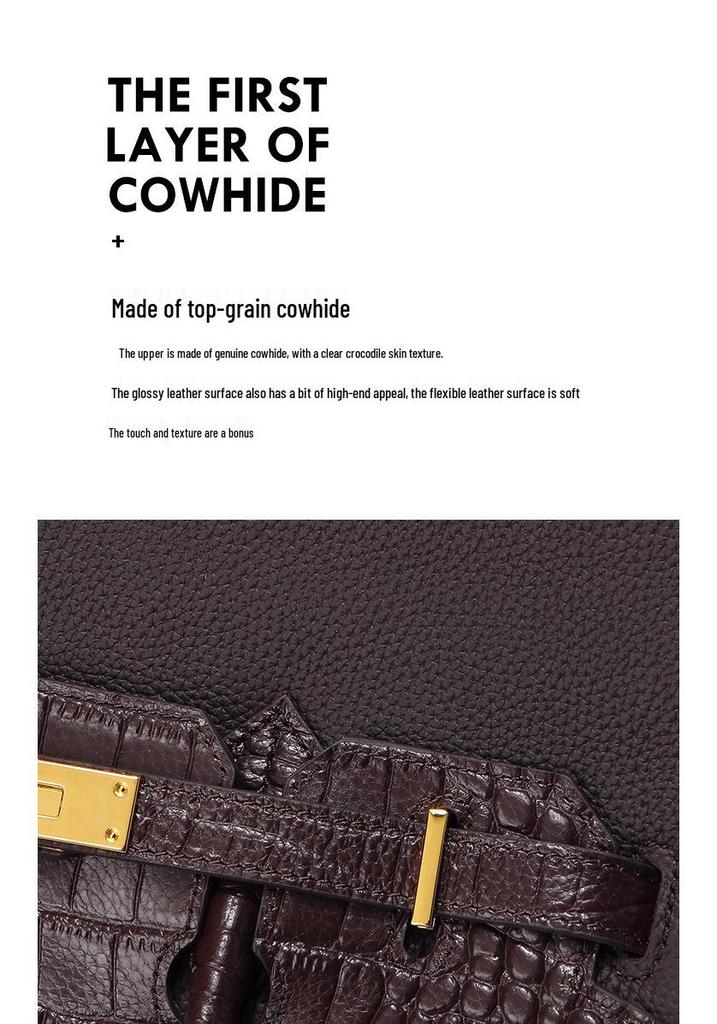 Sac à Bandoulière en Cuir de Vachette Motif Crocodile, Grand Sac à Main Rétro Style Kelly pour Femmes