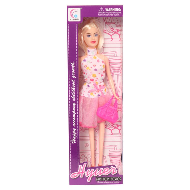 A doll in a colorful blouse, a pink tulle skirt and a pink handbag