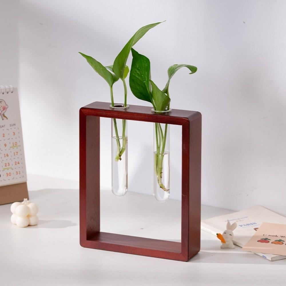 Wooden Glass Tube Vase Minimalist Hydroponic Flowerpot Plant Stand Flower Holder Living Room