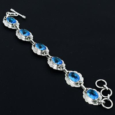 Swiss Blue Topaz Bracelet Swiss Blue Topaz Gemstone Handmade 925 Sterling Silver Bracelet Blue Topaz Bracelet For Gift Bracelet For Mother