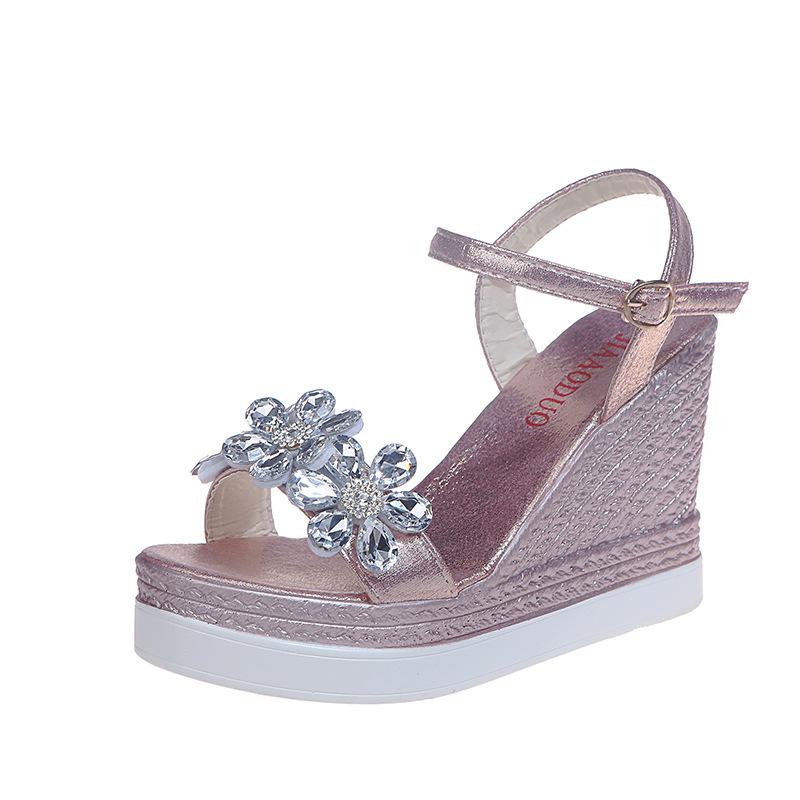 Spring and summer new muffin bottom slope heel rhinestone flower one-word buckle sandals
