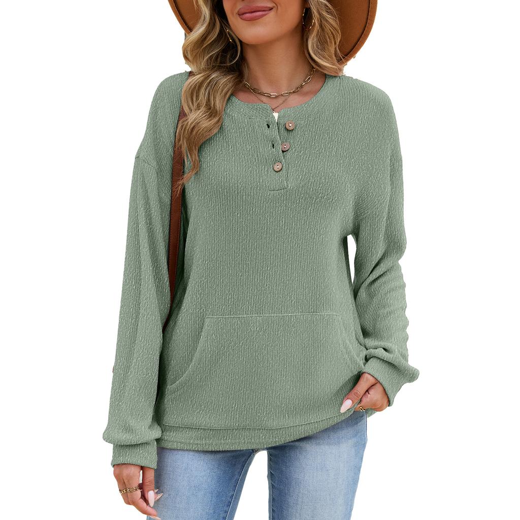 New Autumn-winter Pure-color Round-neck Button-up Loose-fitting Long-sleeved Pocketed Hoodie for Women