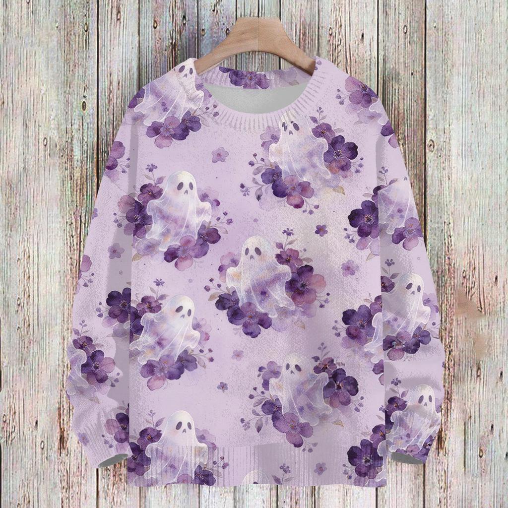 Women's Casual Long Sleeve Halloween Print Round Neck Knit Sweater Top