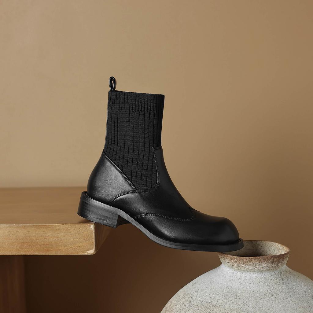 Krazing Pot Microfiber Autumn Winter Shoes Thick Med Heels Size 43 Chelsea Boots Back Knitwear Stretch Ankle Boots