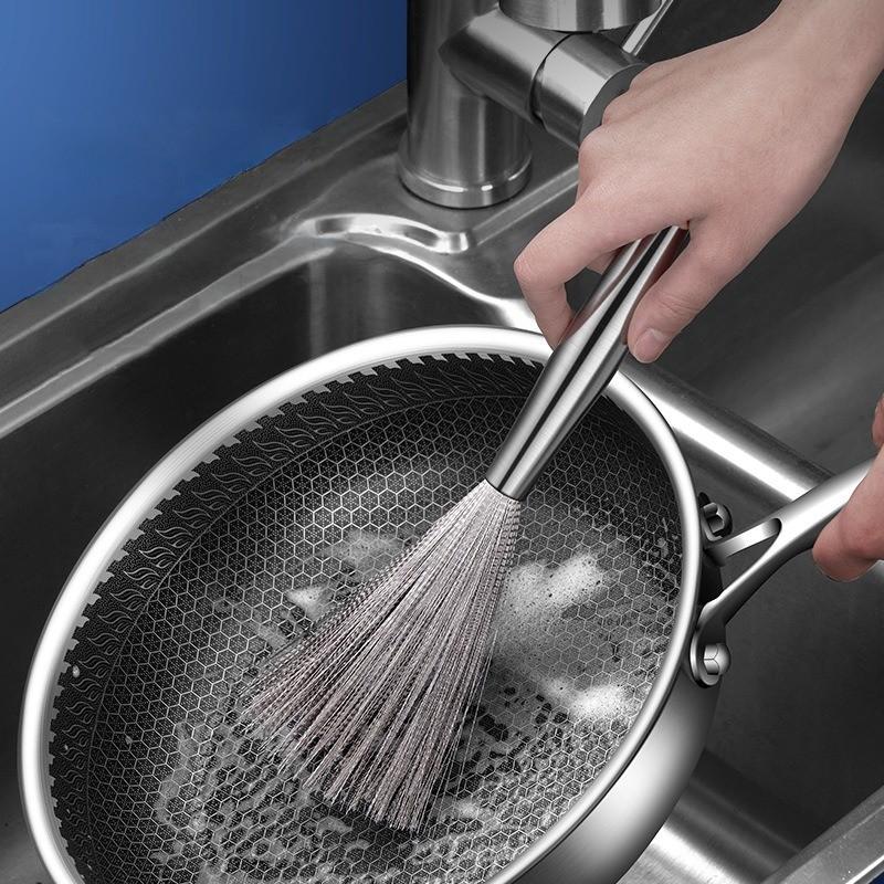 Stainless Steel Pan Brush Bowl Plate Long Handle Strong Decontamination Convenient Fast Sink Stove Kitchen Clean Tools