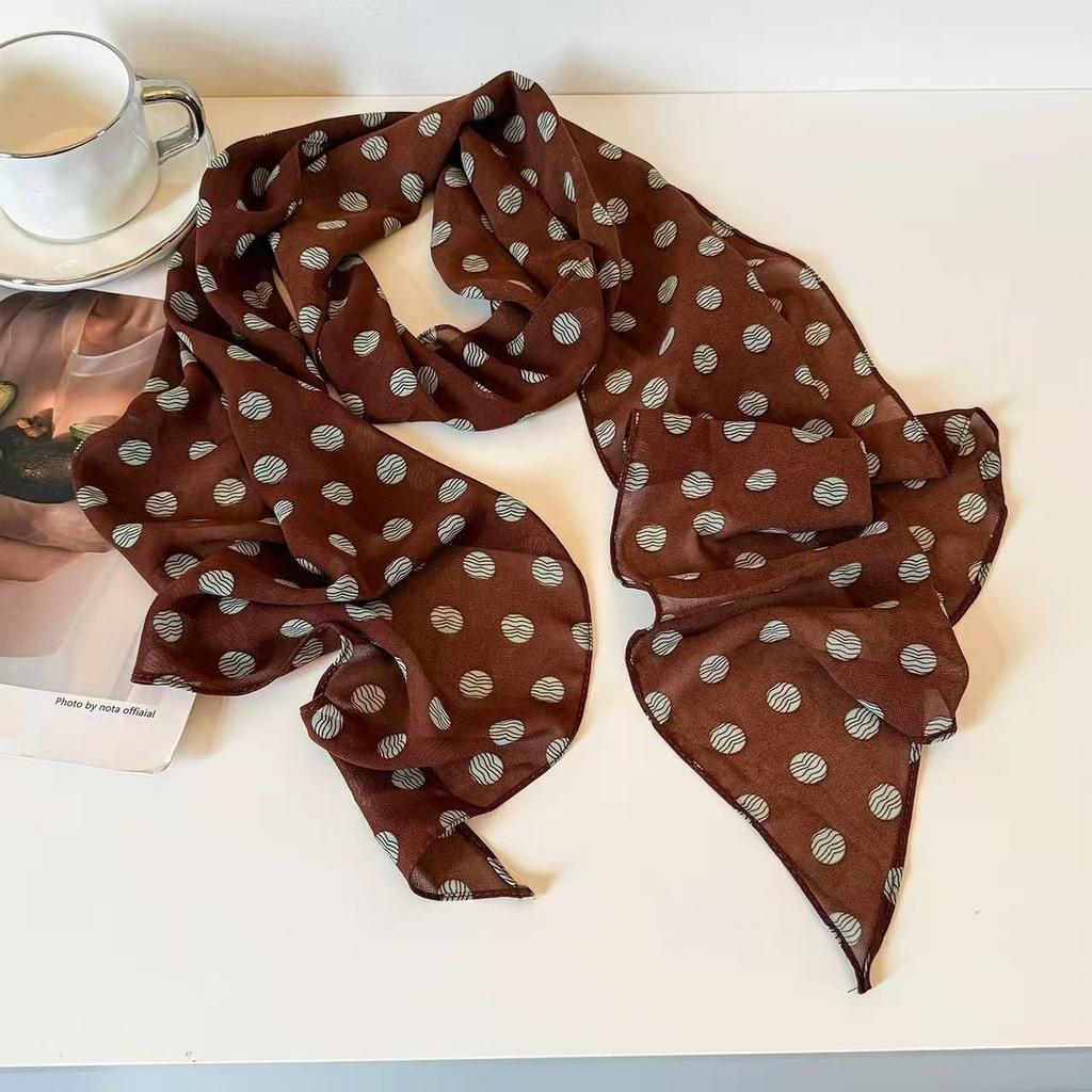 New headband, hair tie, long strip, brown polka dot silk scarf, printed high-end versatile accessories, neck women's scarf