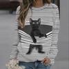 Womens Casual Crewneck Cartoon Cat  Striped Loose Soft Long Sleeve Pullover Tops