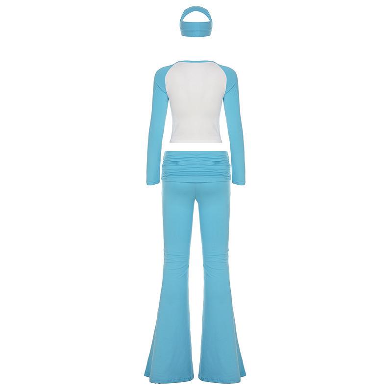Amerikanisches lässiges Sport-Dreiteiler-Set: Colorblock Langarm-T-Shirt & Cropped Hose