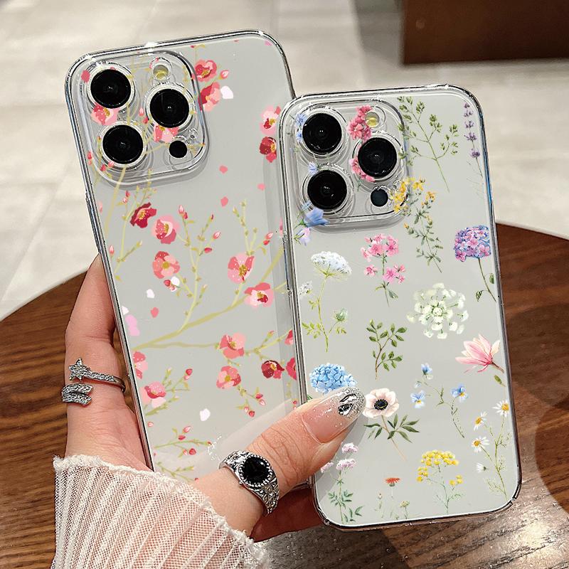 For iPhone 15 Pro Max 14 13 Pro 12 11 Phone Cover Beautiful Floral Pattern Clear Shockproof Slim PC Hard Case