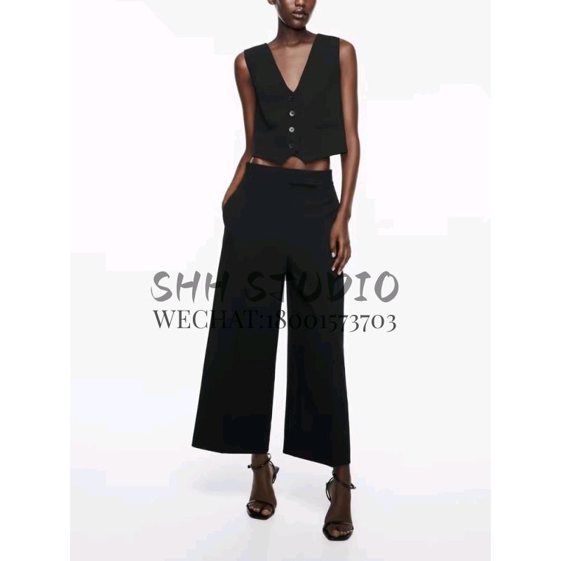 Spring New Fashion Commuter Sleeveless V Neck Short Vest 2966888 High Waist Loose Pants 2955888