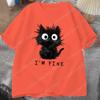 New Womens Cute Cat Pattern Graphic Short Sleeve TShirt Round Neck Casual Tshirt Tops Cool Im Fine Printed Female Tees Tops