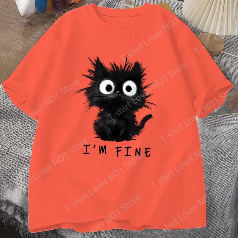 New Womens Cute Cat Pattern Graphic Short Sleeve TShirt Round Neck Casual Tshirt Tops Cool Im Fine Printed Female Tees Tops