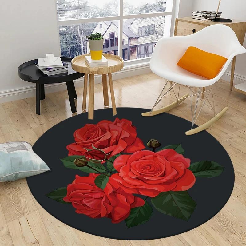 Peony Rose Flower Round Carpet Botanical Floral Area Rug Soft Non-slip Circle Floor Mat for Bedroom Living Room Chair Sofa Decor