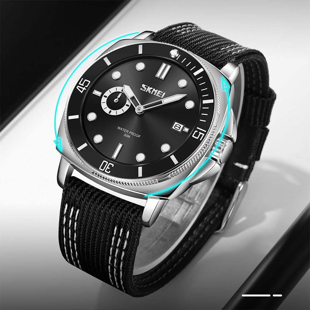 Watch for Sports Black Arm Watch Stylish Brand Nylon Strap Watch Waterproof Large Casual Business Analog Fluorescent Luxury Present Black Watch for