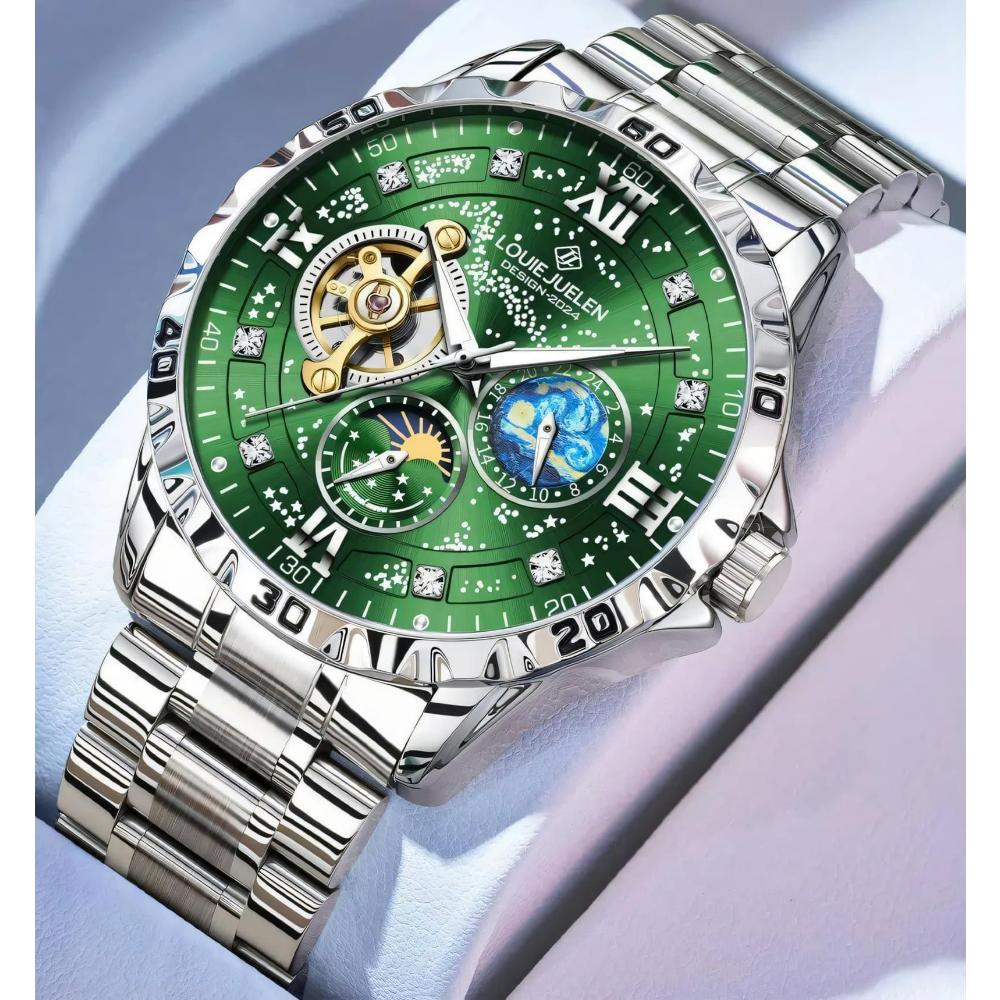 Luxury Automatic Mechanical Men Watch Fashion Moon Phase Business Watches Hollow Tourbillon Stainless Steel Men Wristwatch
