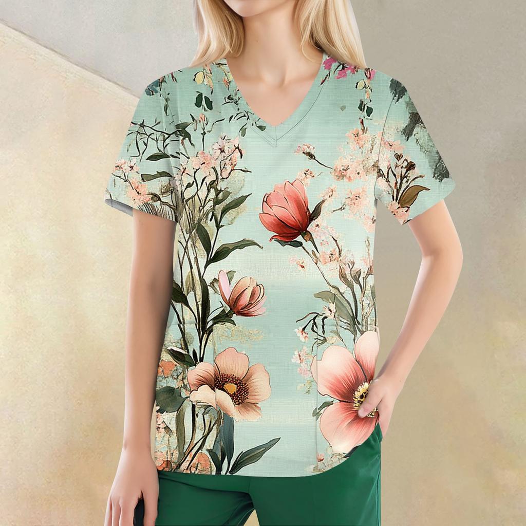 Women's V-neck Fashion Casual Printed Tops And Protective Workwear